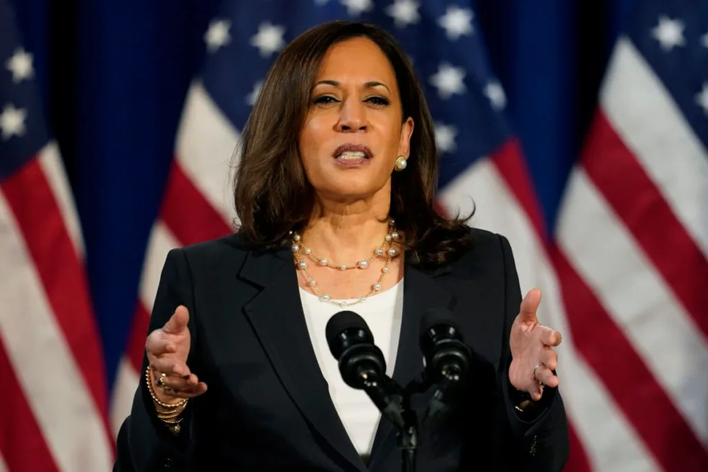 Democratic vice presidential candidate Sen. Kamala Harris, D-Calif., speaks in Washington, Thursday, Aug. 27, 2020. (AP Photo/Carolyn Kaster)